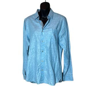 Ted baker men’s 3 blue linen blend button up long sleeve top Easter church